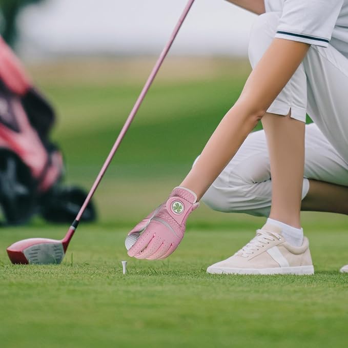 Womens Golf Glove with Clover Ball Marker 1 Pack, All Weather Grip Microfiber & Leather Gloves for Ladies, Comfortable Breathable Fit for Left Hand or Right Hand in White Pink