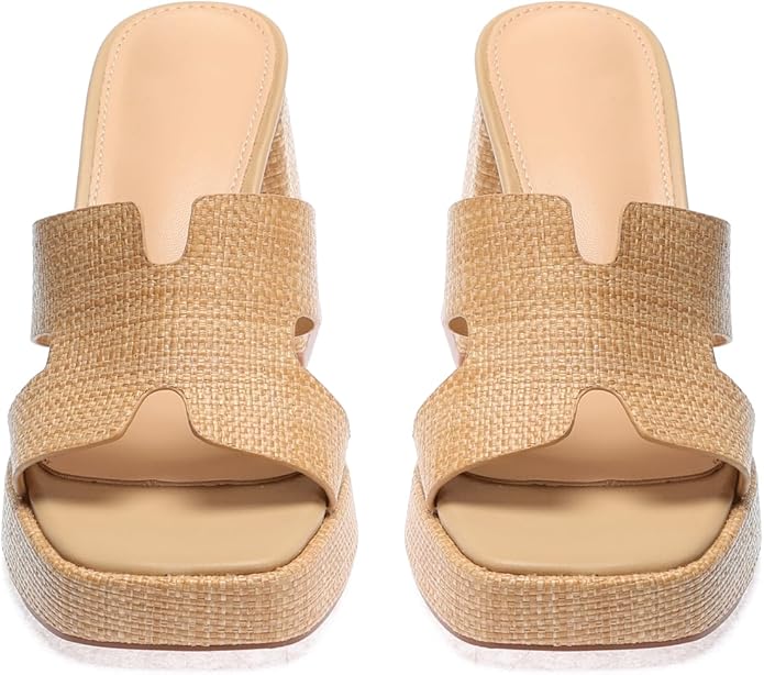Monrovia Womens Sandals Heels for Women Slide On Block Chunky Platform High Heels Open Toe Raffia Wedge Sandals