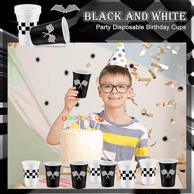Norme 48 Pcs Checkered Cups Checkered Flag Party Supplies Bulk 16 oz Disposable Race Car Cups Thick White Black Cup for Racing Themed Birthday Party