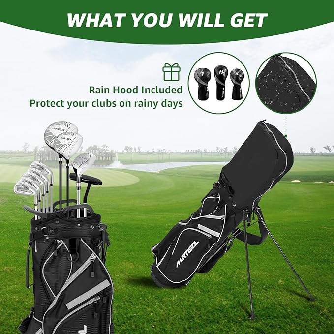 10 Pieces Golf Clubs Full Set Mens Right Hand,Golf Set Includes Stand Bag with Rain Hood, 1#Driver 3#Wood #5 Hybrid,with 3 Head Covers, 6# 7# 8# 9# PW# Irons and Putter