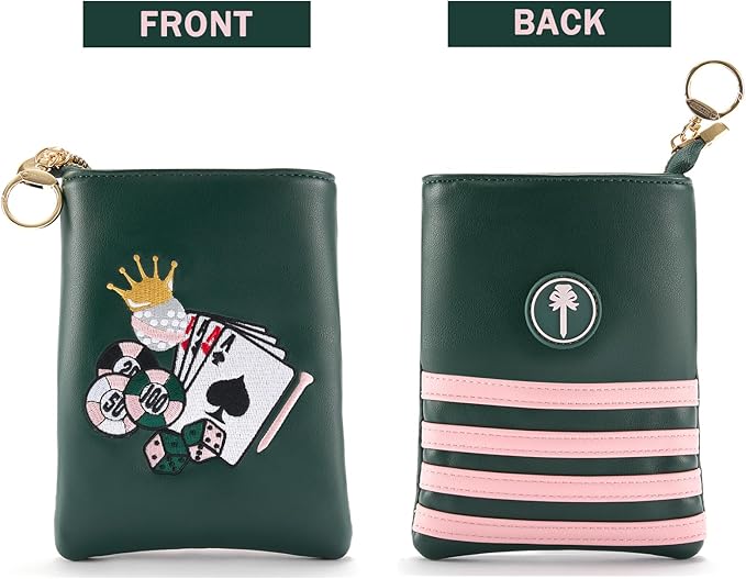 PINKTEE Golf Valuables Pouch Funny Golf Accessories Bag with Zipper Master Green Premiun Leather Golf Tee/Ball Pouch for Women Men (CASINO QUEEN, Pink stripe)