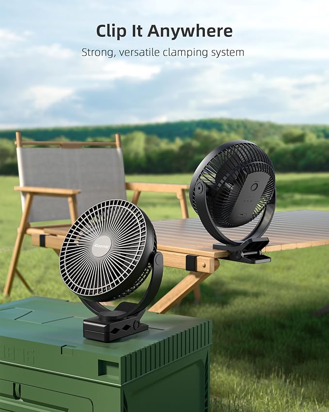 Koonie 10000mAh Clip on Fan Rechargeable, 8-Inch Battery Operated Desk Fan, USB Fan with 4 Speeds, Strong Airflow Sturdy Clamp for Golf Cart Office Desk Outdoor Travel Camping Tent Gym Treadmill,Black