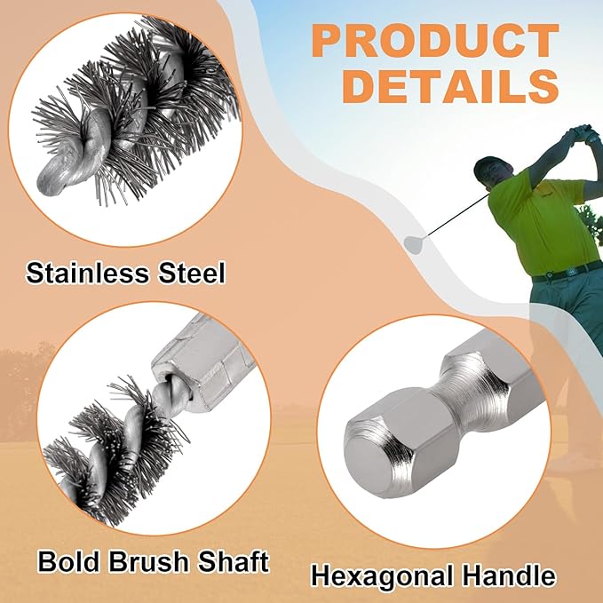 2pcs Golf Club Head Hosel Brush, Stainless Steel Bore Wire Brush with Hex Shank Handle, Golf Club Shaft Ferrules Cleaning Tool for Electric Drill- Silver