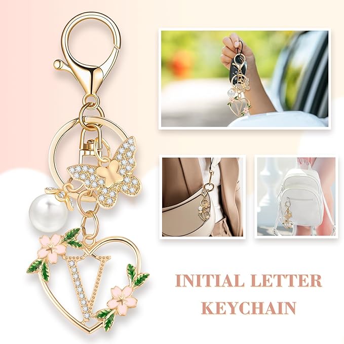 Gold Heart Initial Letter Keychain for Women Key chain Keyring for Purse Handbags Backpack Charm
