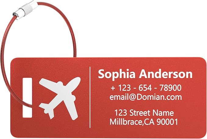 10 Personalized Metal Luggage Tags, Custom Suitcase Aluminum Name Tags with Steel Ring, Laser Engraved Name and Logo, for Travel, Backpack, Baggage, Golf Bag (Red)