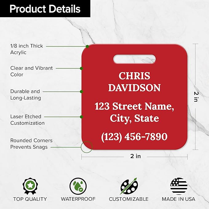 Custom Luggage Tags, Personalized Name Address for Suitcases,Backpack, Handbag, Travel Equipment Tag, 2x2 Inches, Acrylic Heavy Duty Waterproof, Made in The USA by My Sign Center- Red
