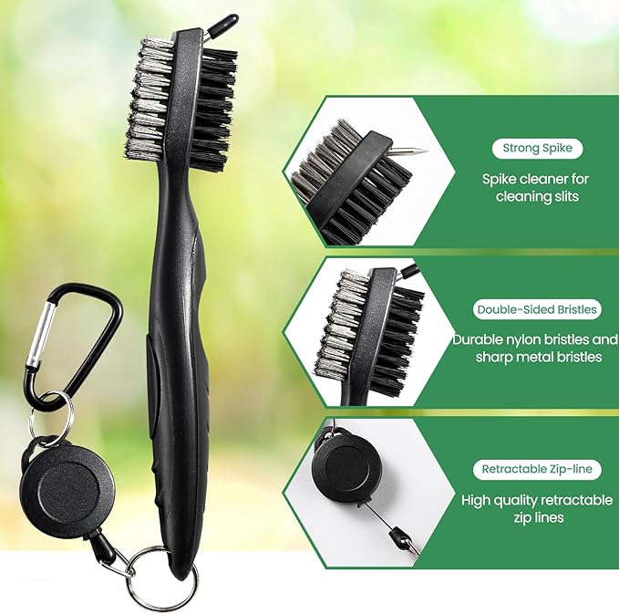 Golf Club Brush and Club Groove Cleaner with Retractable Zip-line and Aluminum Carabiner Cleaning Tools