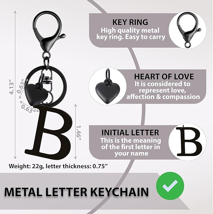 Metal Heart Alphabet Keychain for Women, Girls - Cute Initial Letter Accessories for Purse, Bag Charms and Backpack