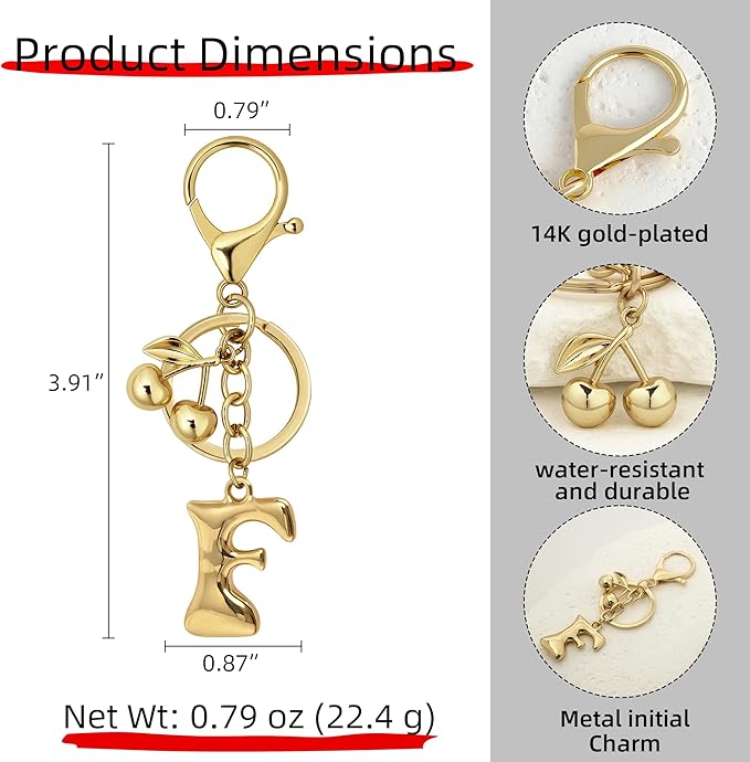 Gold Bubble Heart, Cherry, Bow & More Designs Letter Initial Keychain Bag Charms – Cute Purse Charms for Handbags