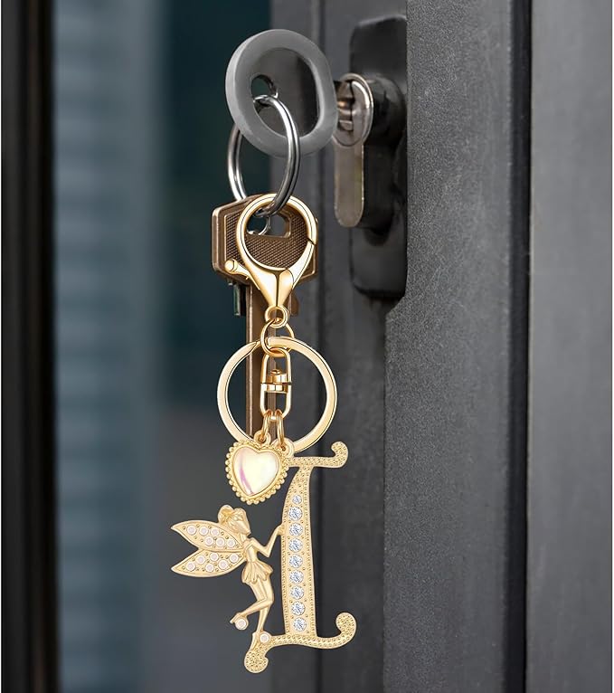 Gold Plated Alphabet Initial Letter Keyring Keychain for Women Girls Crystal Key Chains for Wallet Backpack Bag Charm