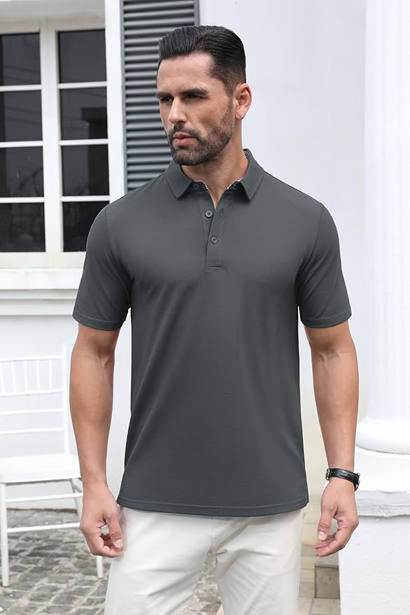 MAGCOMSEN Men's Polo Shirts Short Sleeve Cotton Pique 3 Button Classic Fit Casual T-Shirt Performance Golf Shirts