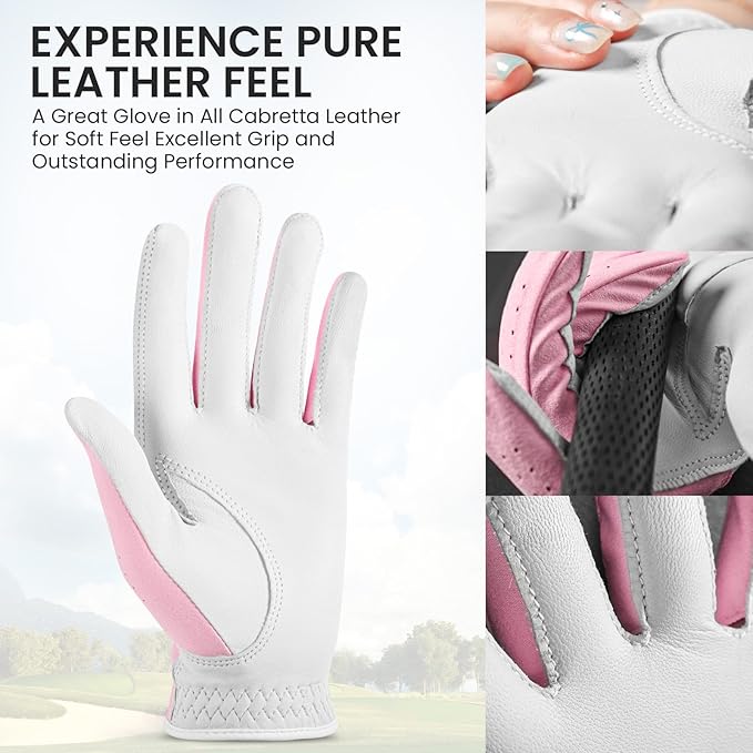 Womens Golf Glove with Clover Ball Marker 1 Pack, All Weather Grip Microfiber & Leather Gloves for Ladies, Comfortable Breathable Fit for Left Hand or Right Hand in White Pink