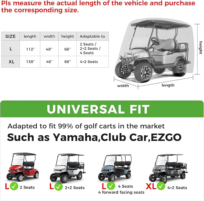 10L0L Golf Cart Cover 2/4/4+2 Passenger for Yamaha EZGO Club Car, Heavy Duty 420D Waterproof Windproof Durable Polyester Golf Cart Cover with 3 Zipper Doors for All-Weather Protection (Black/Silver)