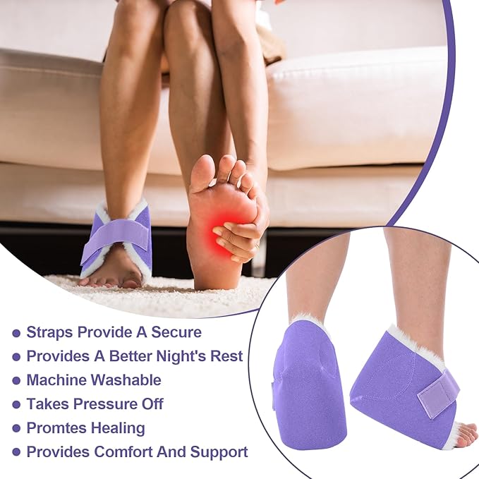 2 Pcs Heel Protectors for Pressure Sores Sheepskin Heel Pads Soft Foot Cushions Pad Protectors Adjustable Foot Pillows with Securing Strap for Bed Sore Ankle Ulcers(Purple)