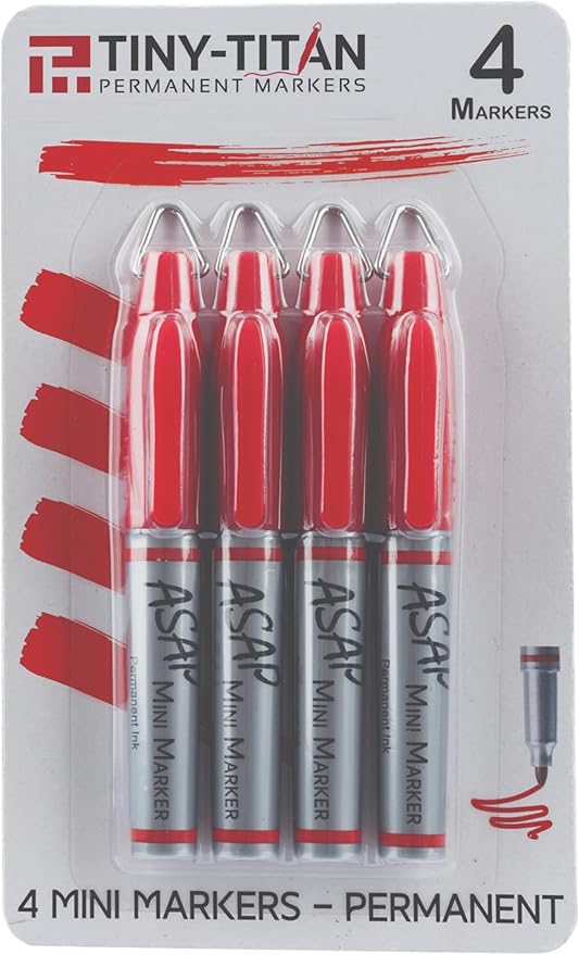 Tiny-Titan Mini Markers, Mini Markers, Keychain Clip, Golf Ball Marker, Clip On Nurse's Badge - Mini Markers - RED Ink - Fine Point - 4 Pens Per Pack