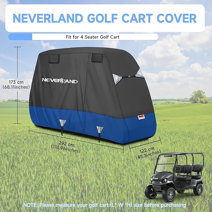 NEVERLAND Golf Cart Cover 4 Passenger - Heavy Duty 600D Golf Cart Covers, Waterproof Club Car Golf Cart Cover with Side Zipper Doors Compatible with EZGO Yamaha Club Car 4 Seat (Up to 115 Inch)
