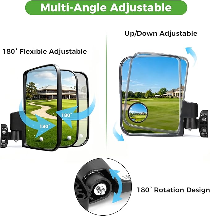 10L0L Golf Cart Mirror No Drilling Side Mirrors with Blind Spot Mirrors Universal for Yamaha, Club Car, EZGO, Folding Side Rear View Mirrors Adjustable 180 Degree HD Glass