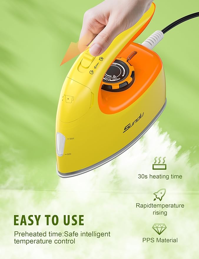 Sundu Mini Travel Iron with Steam,1000W Portable Non-Stick Soleplate Steam Samll Iron for Quilting & Sewing,300 Microsteam Holes,90ml water tank,lockable safety base,Digital Temperature Control-Yellow