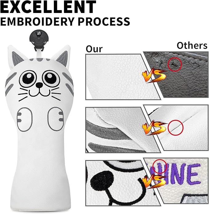 Golf Kitty Head Cover Golf Club White Leather Headcovers 1pc/4pcs Set Fits Driver Fairway Wood Hybrid Utility Putter Iron Wedge Headcover.