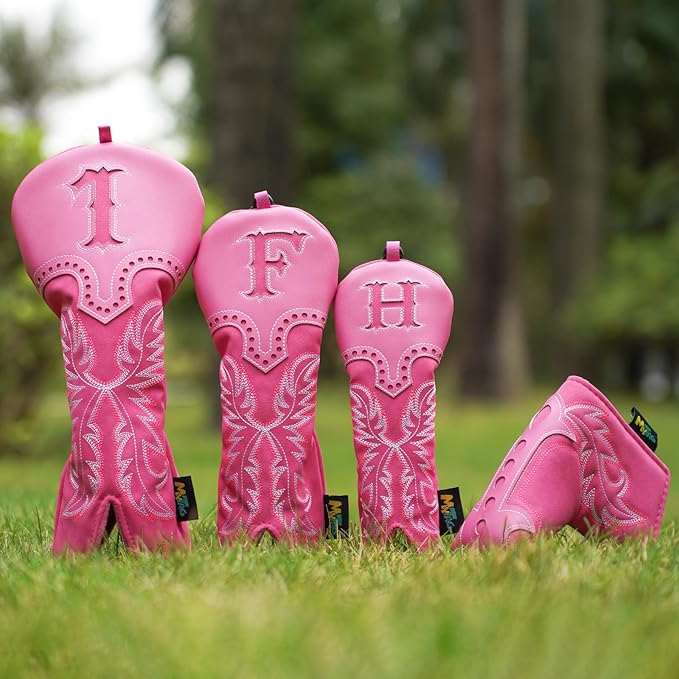 mytag Pink Golf Club Head Covers, Western Cowboy Retro Golf Headcovers with Patch & Embroidery Driver Fairway Wood Hybrids/Rescue Covers