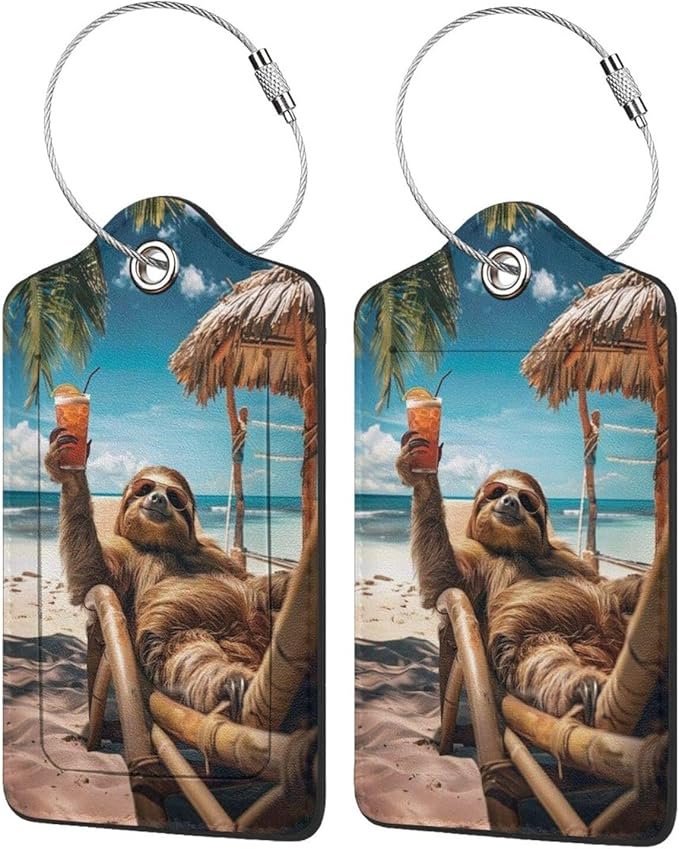 TSA Approved Luggage Tags for Suitcases Sloth Relaxing Beach 2 Pack Funny Leather Carnival Cruise Airport Cute Travel Name Tags Golf Bag tag Ships Essentials Privacy Cover ID Label for Women Men