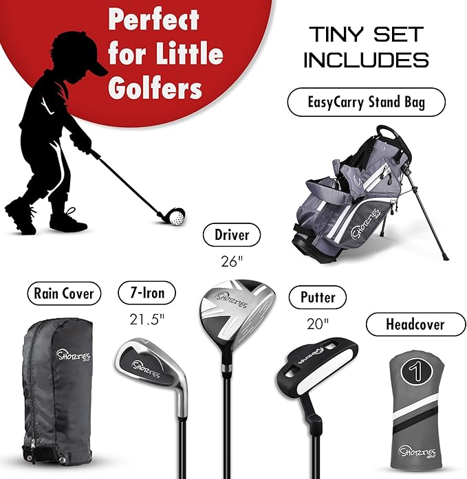 Shorties Golf - Kids Golf Club Set | Perfect for Toddler Golfers and Kids 34"-38" Tall | EasyCarry Stand Bag | Driver, 7-Iron, Putter, Headcover, and Rain Cover