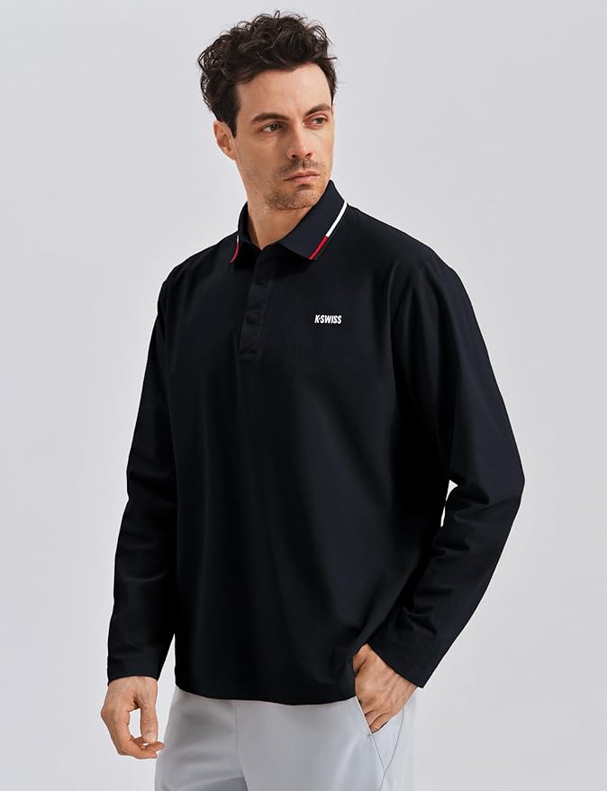 K-Swiss Men's Long Sleeve Polo Shirts - Golf Tennis Dry Fit Performance Moisture Wicking Casual Collared