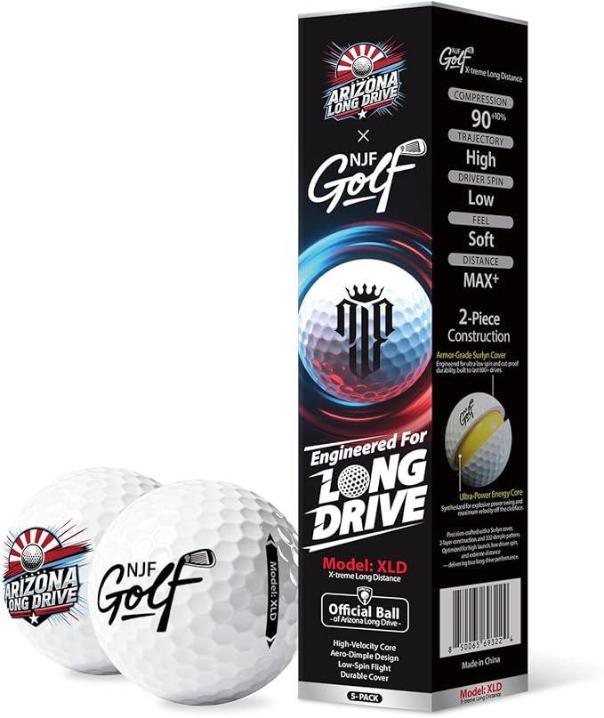 NJF Golf™ XLD Extreme Long Distance Golf Balls Soft Feel, 5 Pack 2-Piece Long Drive Low Spin Balls for Men and Women, Armor-Grade Surlyn Cover, Ultra-Power Core, High Launch 90 Compression