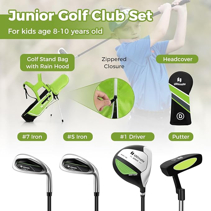 Goplus Junior Complete Golf Club Set for Kids, Right Hand Golf Clubs with Stand Bag, Rain Hood, Golf Practice Set for Ages 5-7,8-10,11-13 Boys Girls