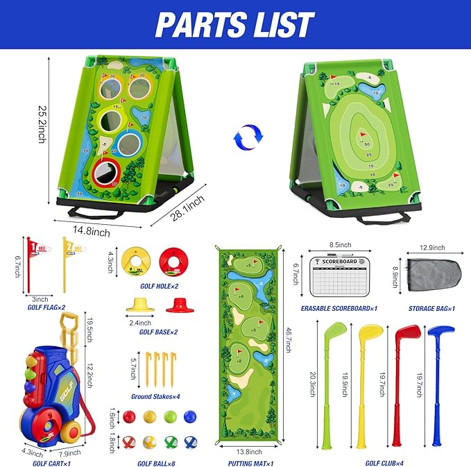 3 in 1 Toddler Golf Set with Putting Mat & Sticky/Golf Game, Kids Golf Club with 8 Balls, 4 Plastic Clubs, Scoreboard, Indoor Outdoor Sport Toys with Golf Cart Gift for Boys Girls Aged 2-5, Blue