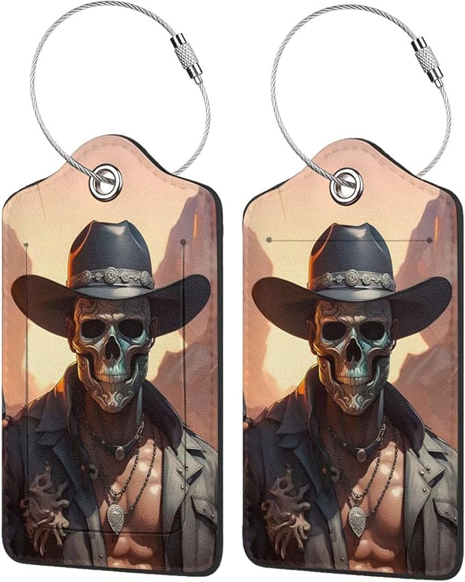 TSA Approved Luggage Tags for Suitcases Skull Cowboy Hat 2 Pack Funny Leather Carnival Cruise Airport Cute Travel Name Tags Golf Bag tag Ships Essentials Privacy Cover ID Label for Women Men