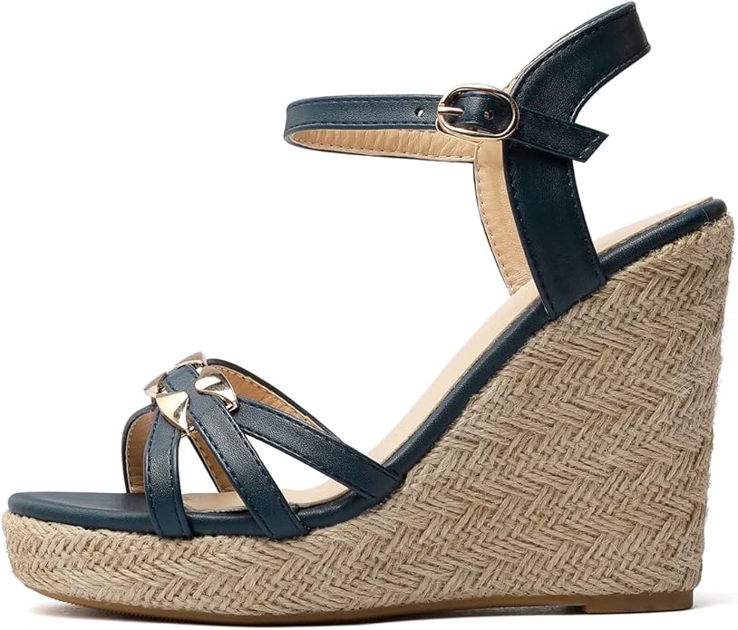 VOKLIN Women's Casual Espadrilles Wedge Sandals Open Toe Ankle Strap Metallic Chunky Platform Dressy Sandal