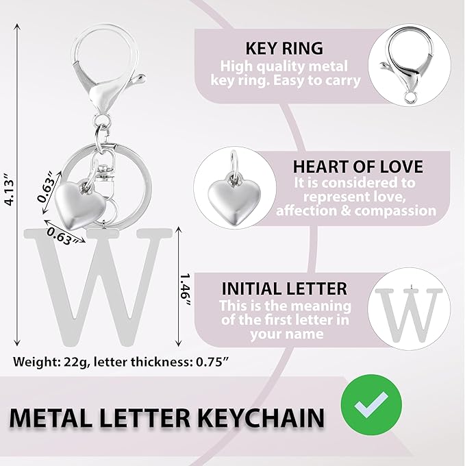 Metal Heart Alphabet Keychain for Women, Girls - Cute Initial Letter Accessories for Purse, Bag Charms and Backpack