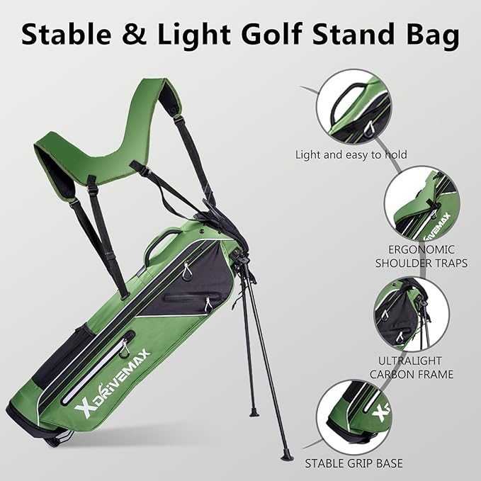 Golf Stand Bag, Lightweight Golf Bag with Stable Stand,Compact Design Featuring Easy-Carry Shoulder Straps, 4-Way Top, Essential Storage Pockets