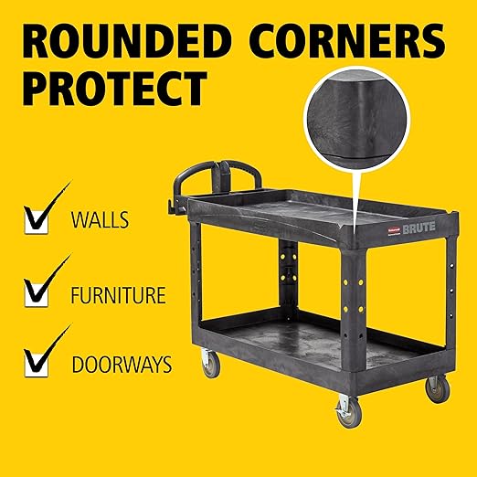 Rubbermaid Commercial Products BRUTE Heavy Duty 2-Shelf Utility/Service Cart, Medium, Lipped Shelves, Ergonomic Handle, 750 lb Capacity, Black, for Warehouse/Garage/Cleaning/Office