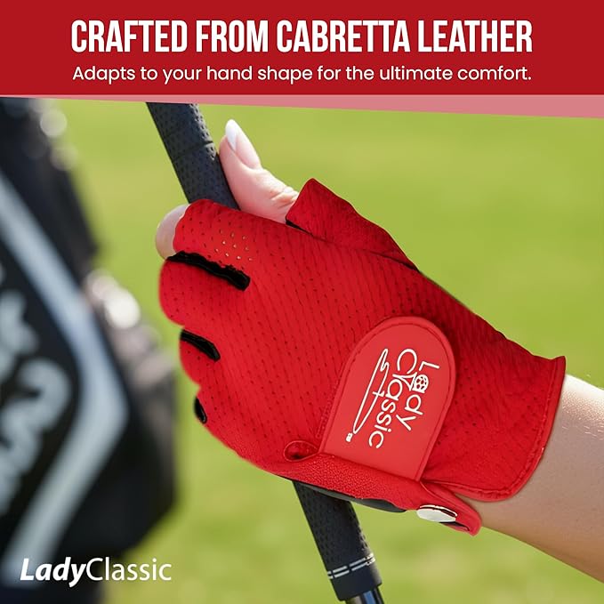 Mesh Half Golf Glove for Women – Premium Cabretta Leather Palm, Breathable Mesh Back, Half-Finger Design Ladies Golf Glove for Enhanced Grip & Comfort