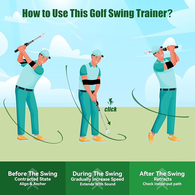 Retractable Golf Swing Trainer - Golf Swing Training Aid with Arm Band,Golf Grip Trainer ＆ Practice Gifts ＆ Swing Tempo Click Stick Right-Handed Training Aid for All Golfers,Indoor & Outdoor Use