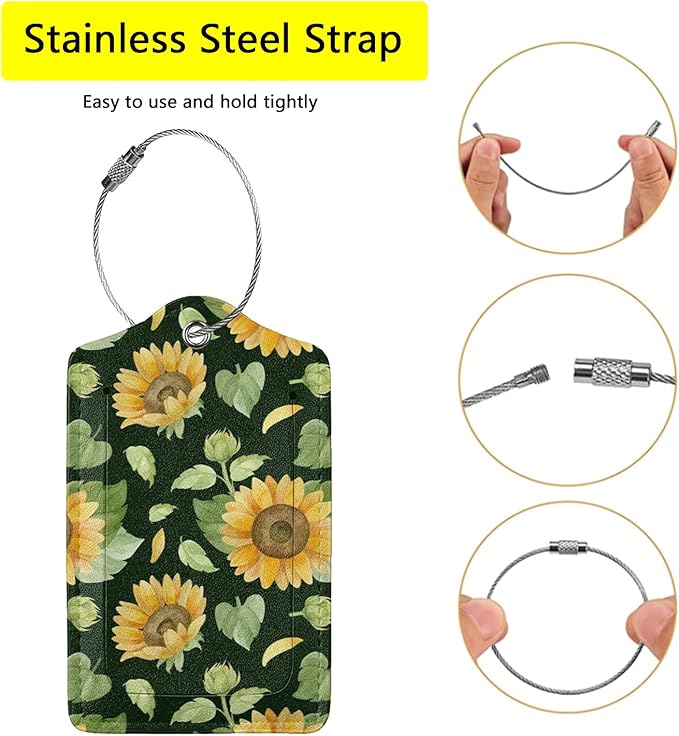 2 Pack Sunflower Luggage Tags for Suitcases, Cool Leather Luggage Tag for Travel, Bag Tag Privacy Name ID Card Bag Labels for Friends Adults Kids Tourists