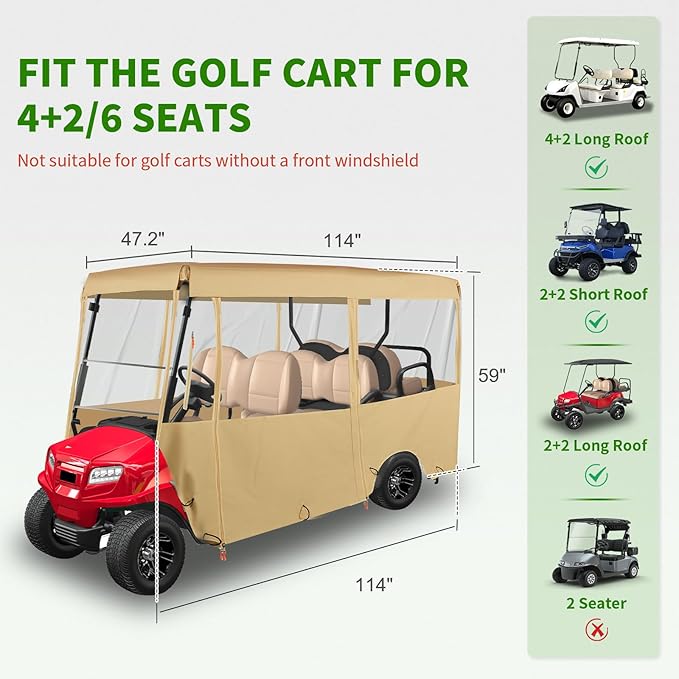 Tecoom Golf Cart Enclosure 2/4/6 Passenger, Golf Rain Cover 600D Waterproof Snowproof, Door Zippers, Clear Windows and Windproof Hooks, Universal Fit for EZGO, Yamaha, Club Car