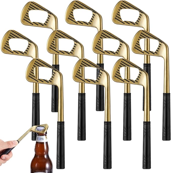10 Pcs Golf Club Bottle Opener Bulk Novelty Groomsmen Gift Bachelor Party Favors for Golf Lover Beer Enthusiast, Made from Zinc Alloy (Bronze)