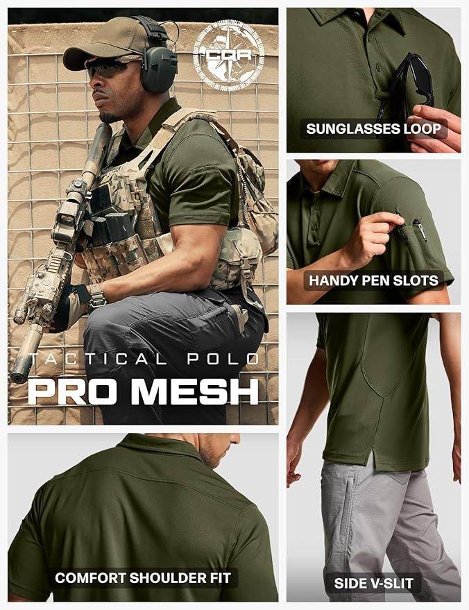 CQR Men's Polo Shirts, Tactical Short Sleeve Golf Performance Shirts, Lightweight Dry Fit UPF 50+ Pique