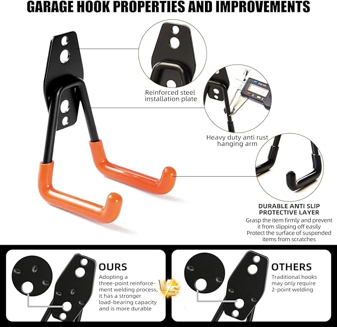 Garage Hooks, 4 Pack 7.7inch Large Square Wall Hooks for Hanging Heavy Duty Ladders, Bikes, Tools Ideal for Garage, Garden, Basement Utility Room Storage (Black)