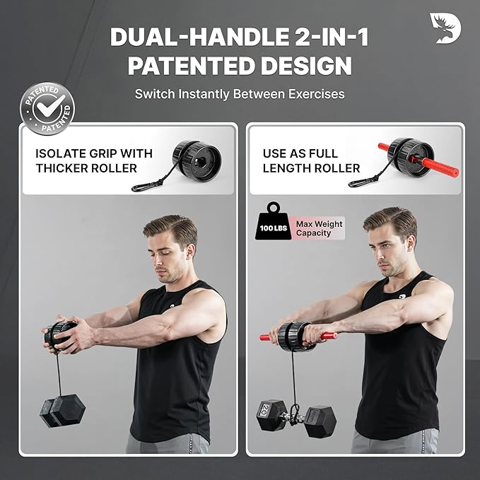 DMoose Fitness Forearm Strengthener & Wrist Roller - 2 in 1 Arm Exerciser with Non-Slip Premium Grip, Durable Nylon Rope - Helps with Elbow Tendonitis, Wrist Recovery & Strength Training (Patented)