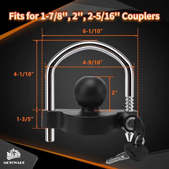 METOWARE Trailer Coupler Lock Universal Adjustable Heavy-Duty Steel Trailer Hitch Lock, Anti Theft Trailer Ball Lock Towing Lock for Towing Trailer Security Fits 1-7/8",2”, 2-5/16" Coupler Black Matte