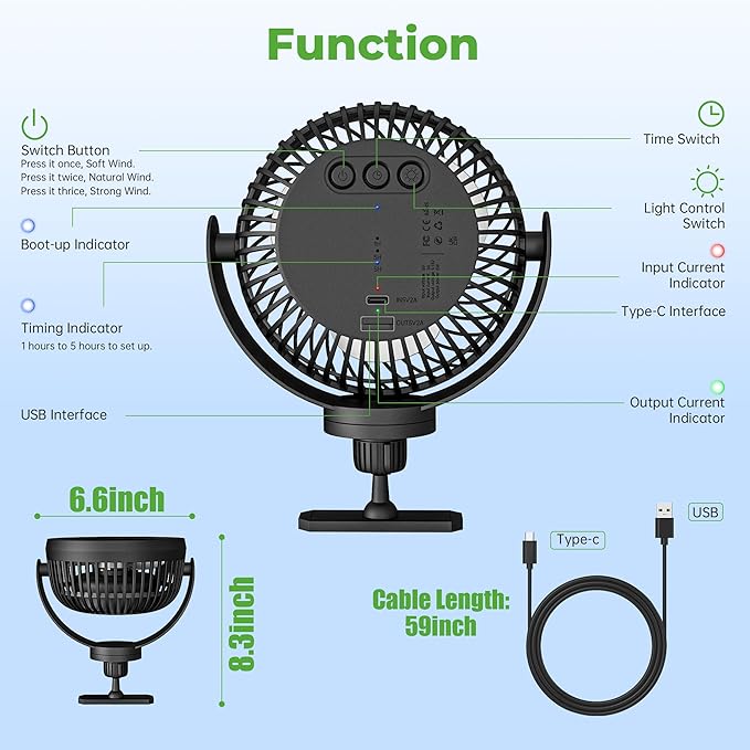 10L0L Golf Cart Fan with Magnetic Mount & 56Hrs Runtime - 8000mAh Battery, 3-Speed Cooling, Built-in LED Light, Power Bank Function - Stable ABS Design for All Golf Carts