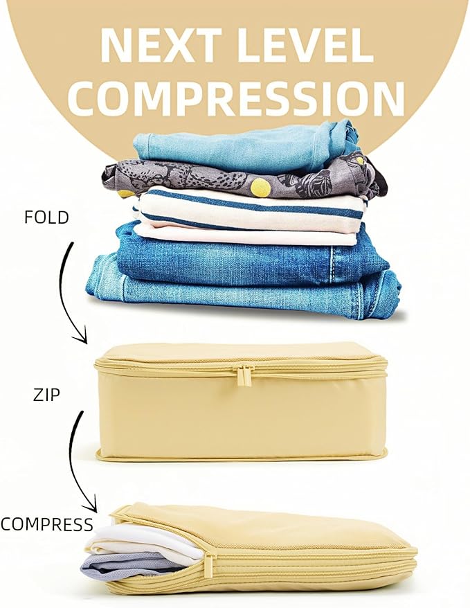 6 Set Compression Packing Cubes for Travel, Large Medium Small Luggage Organizers, Storage Bags for Clothes and Essentials (6 Pack, Bright Yellow)
