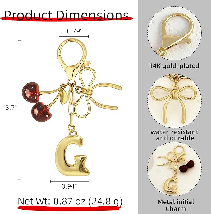 Gold Bubble Heart, Cherry, Bow & More Designs Letter Initial Keychain Bag Charms – Cute Purse Charms for Handbags
