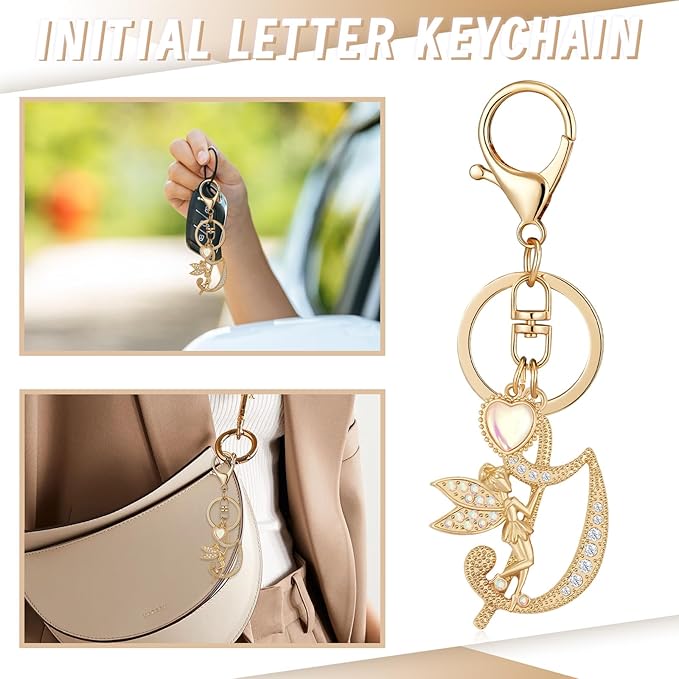 Gold Plated Alphabet Initial Letter Keyring Keychain for Women Girls Crystal Key Chains for Wallet Backpack Bag Charm
