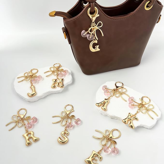 Gold Bubble Heart, Cherry, Bow & More Designs Letter Initial Keychain Bag Charms – Cute Purse Charms for Handbags