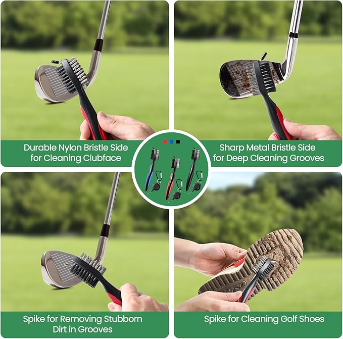 Golf Club Brush and Club Groove Cleaner with Retractable Zip-line and Aluminum Carabiner Cleaning Tools